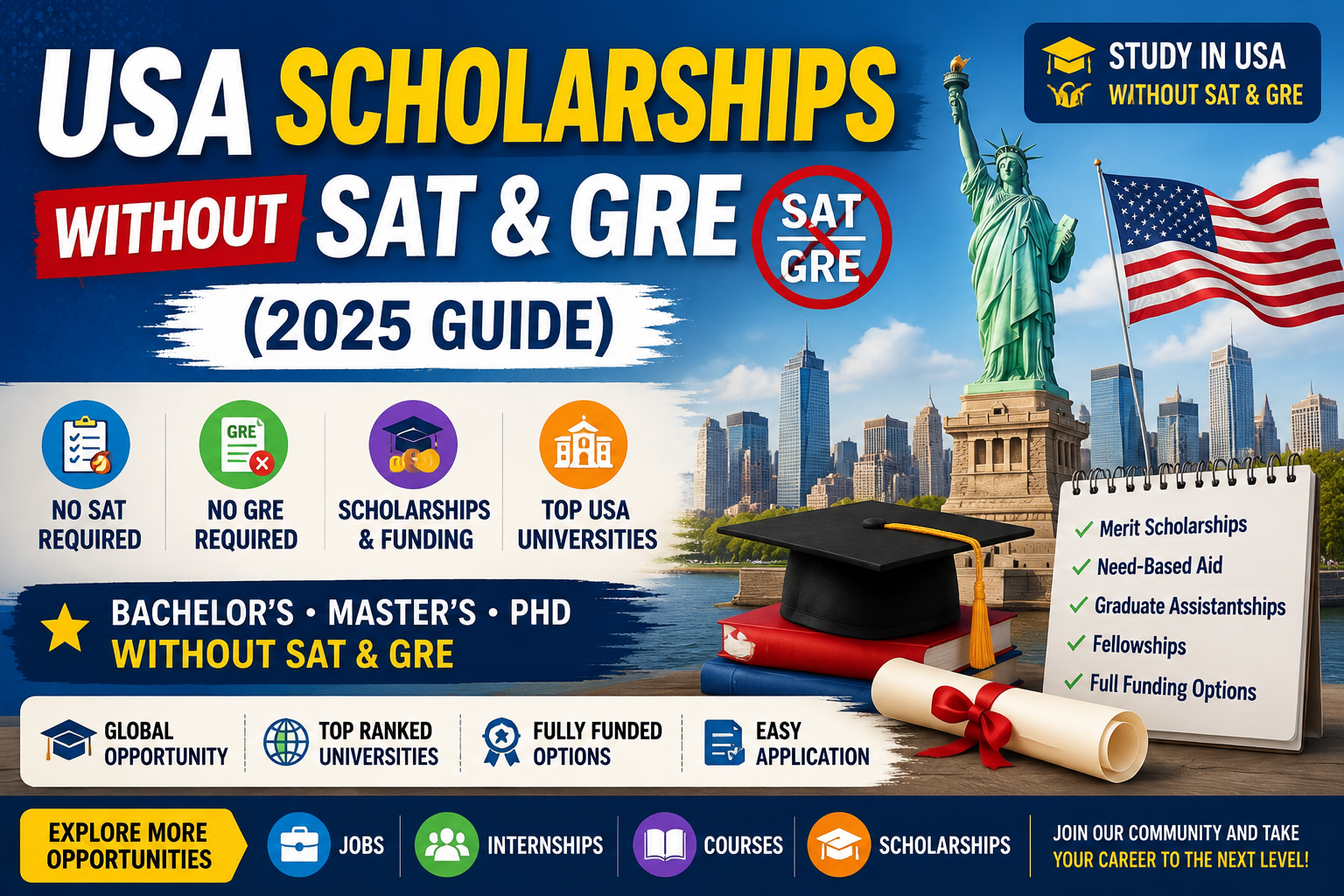 USA Scholarships Without SAT & GRE (2025 Guide)